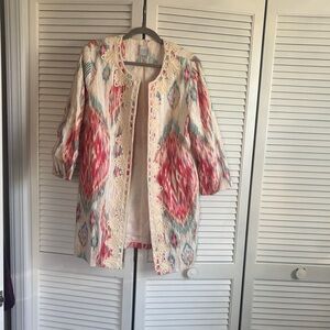 Colorful Patterned Long Jacket with a coral top
